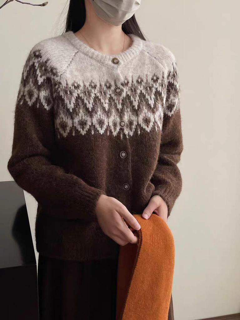 Women's Retro Fair Isle Color Block Knit Cardigan - Korean Style, Thick and Cozy for Autumn/Winter