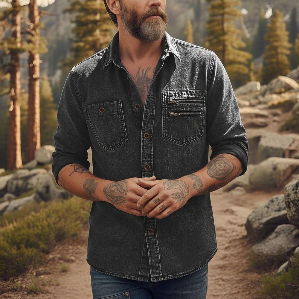 Men's Casual Workwear Denim Shirt Solid Color Washed Button Up Long Sleeve Shirt with Dual Chest Pockets