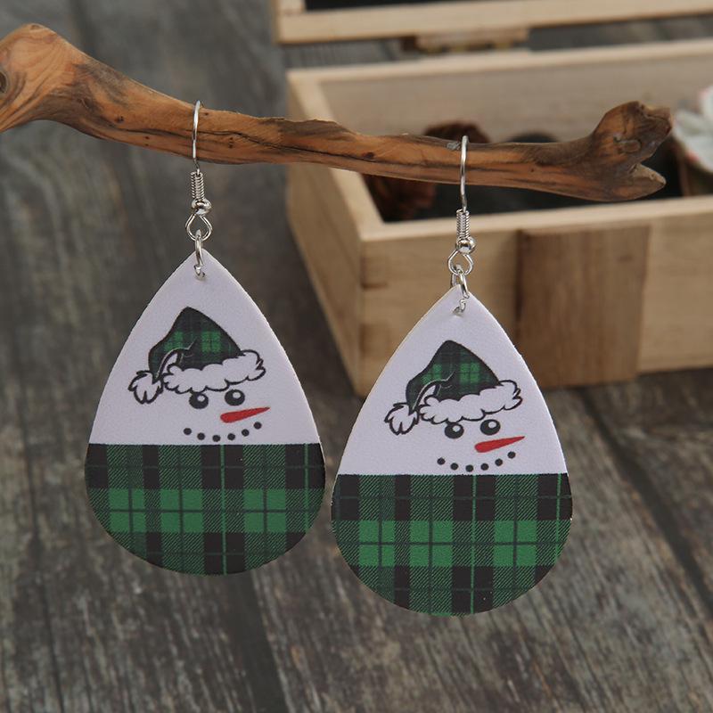 European & American Xmas Teardrop Green Plaid Leather Snowman Earrings