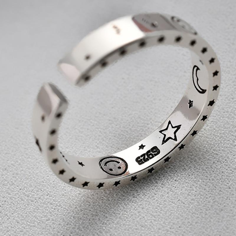 925 Sterling Silver Women Moon Star Open Ring Smiling Face Finger Rings Lady Vintage Fine Party Jewelry Gift