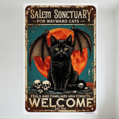 Cartello in Metallo Vintage Salem Sanctuary for Wayward Cats - Gatto Nero Gotico Ali di Pipistrello Luna Sfondo Verde Acqua Teschio Decorazione per la Casa per Caffetteria