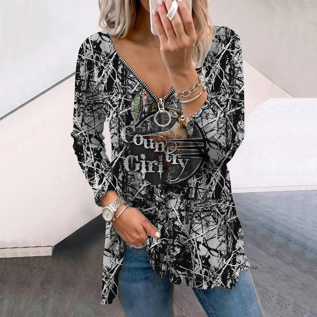 Женские футболки с длинным рукавом и принтом «Осенний лес и олень» — фото 5