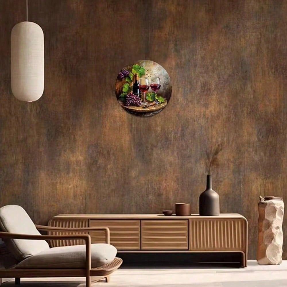 Round Metal Wall Art Wine Grape Vine Glass 2D Flat Decor for Bar Restaurant Kitchen