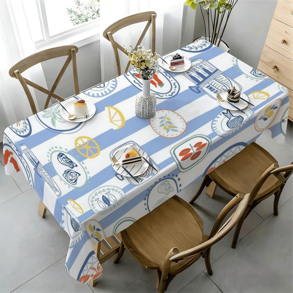 Blue White Striped Seafood Rectangle Tablecloth for Table Decor Washable Fruit Lemon Print Kitchen Dining Table Cloth for Party