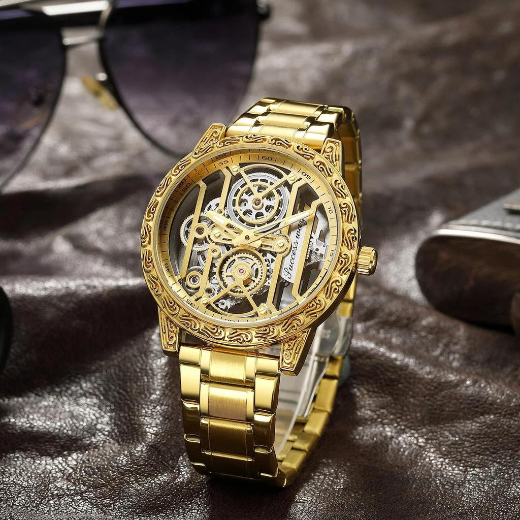 Luxus Retro Skelett Quarz Uhr für Herren Geschnitztes Lünettengehäuse Edelstahl Wasserdicht Leuchtendes Armband für Herren