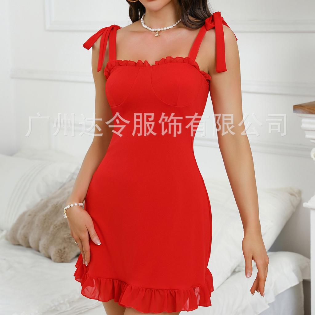 High-end Quality European and American New Sexy Suspender Solid Color Nightdress Temptation Waist Repair Private Room Mood Dress