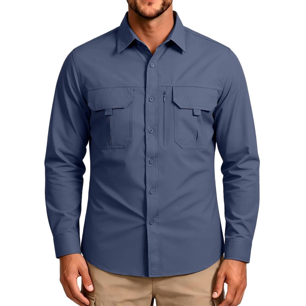 Men's Vintage Loose Fit Casual Work Shirt Long Sleeve Button Down Outdoor Utility Shirt with Multiple Pockets and Durable Fabric