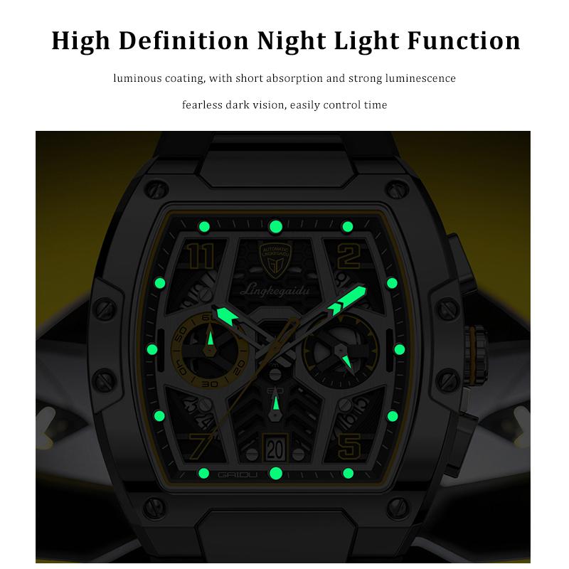 Multifunction Quartz Watches Mens Large Dial Fashion Tonneau Chronograph Watch Sports Silicone Strap,Date,Luminous
