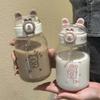 Sticlă de apă iepuraș Kawaii 500 ml Portabilă Drăguță în formă de urechi Cupă pentru băut cu pai și capac Veselă de vară pentru camping în aer liber