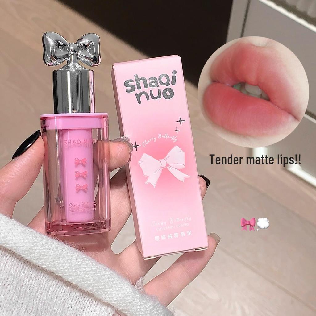 Cherry Blossom Velvet Mist Lip Mud: Matte Whitening Glaze, Long-Lasting Lipstick for Autumn/Winter.