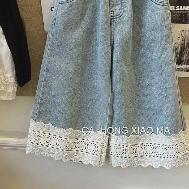 "Korean Spring & Autumn Girls' Lace Jeans - Casual, Versatile, Straight Pants for Little Girls"