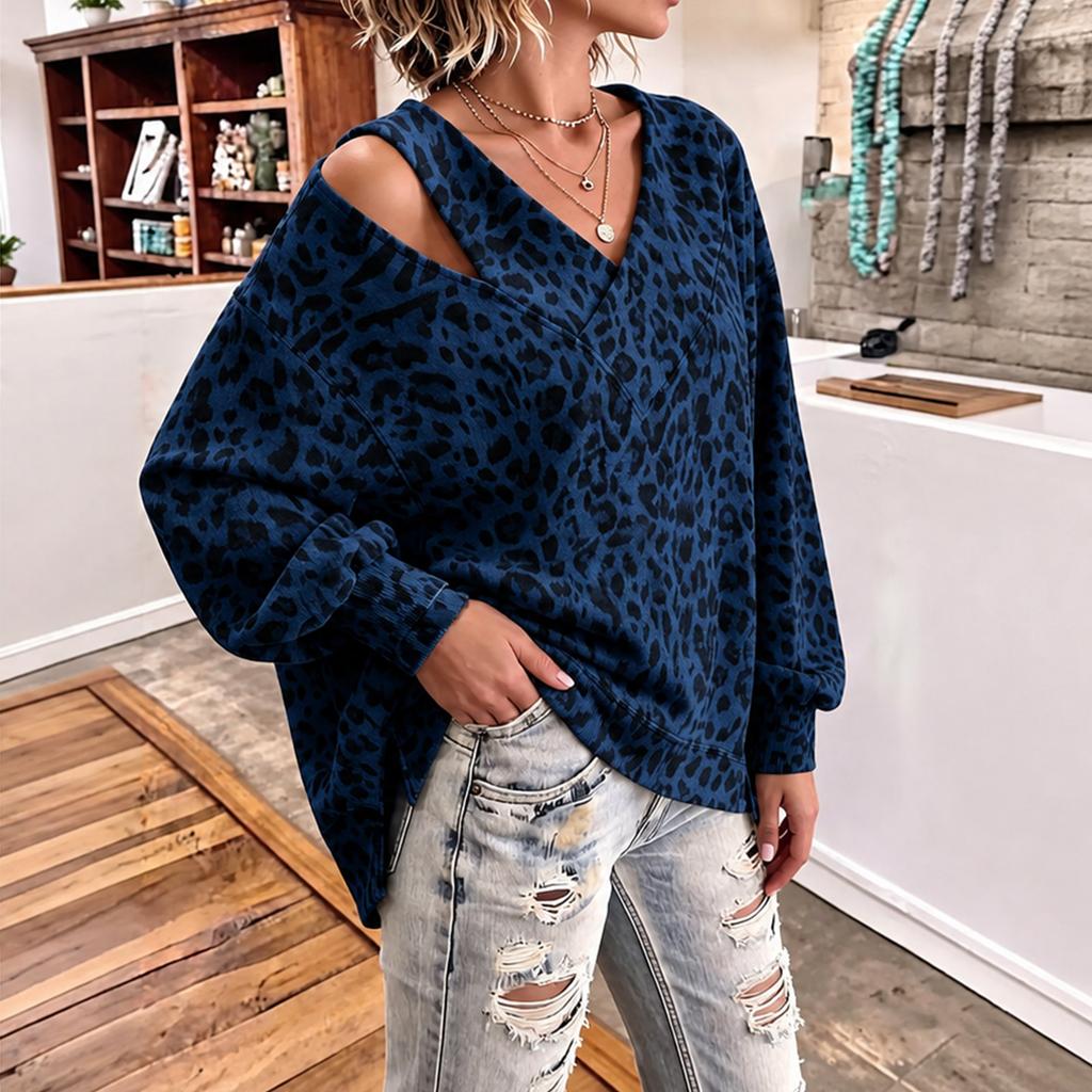 Damen Freizeit Sweatshirt mit Leopardenmuster, V-Ausschnitt, langen Ärmeln, lockerem Schnitt und One-Shoulder-Ausschnitt