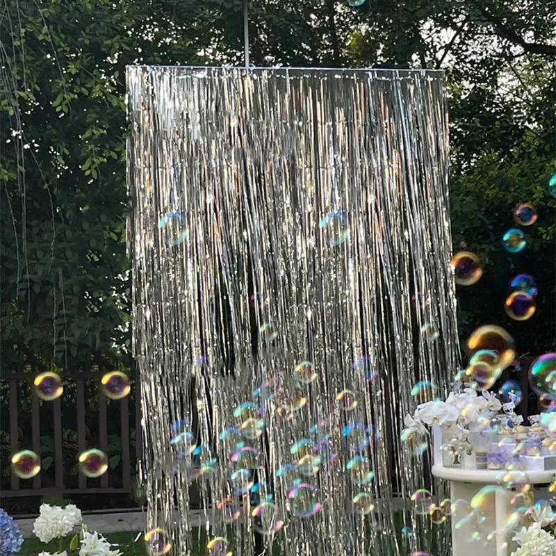 2PCS Party Backdrop Curtain Multicolor Decoration Foil Fringe Rain Curtain Wedding Stage Birthday Party Christmas Decoration