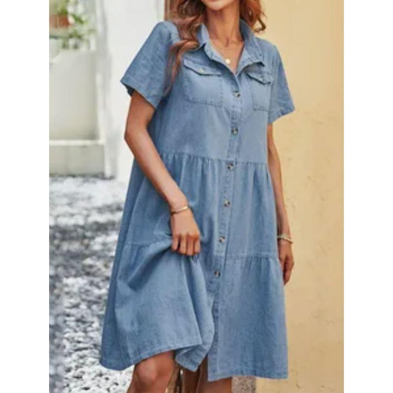 European American Summer New Preppy Style Plus Size Student Lapels Single-Breasted Pocket Short Sleeve Denim Dress Mid Skirt for Women