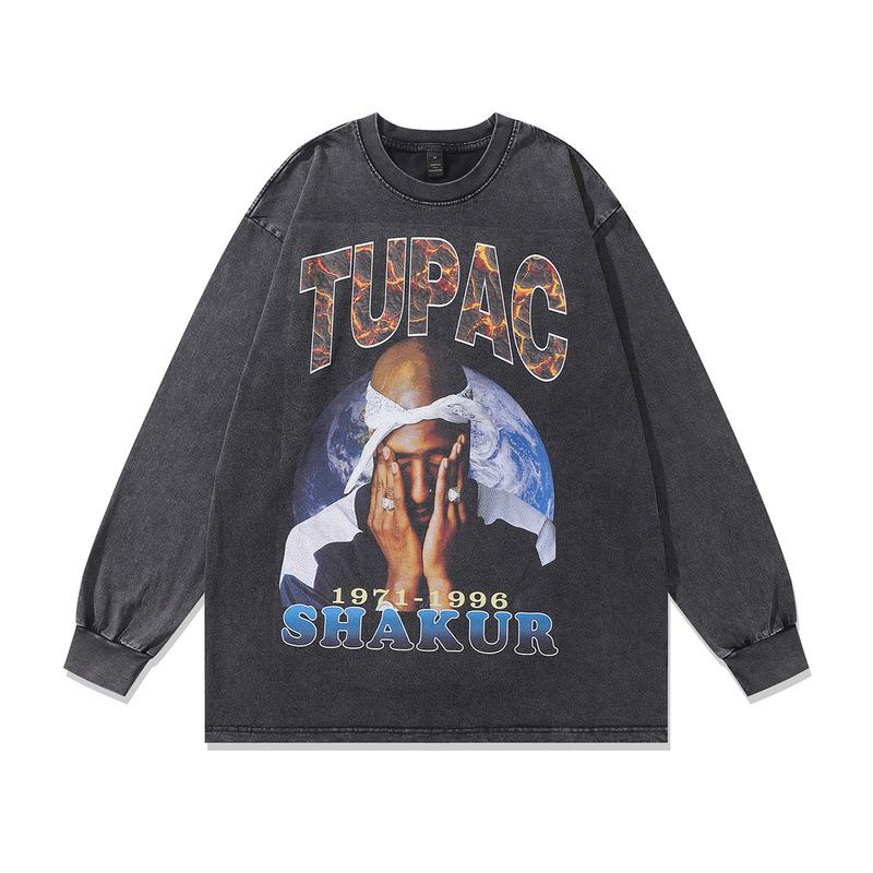 European, American High Street Retro Washed Old Hip-Hop Bottoming Shirt Loose Digital Direct Injection Printing Long-Sleeved T-Shirt Men