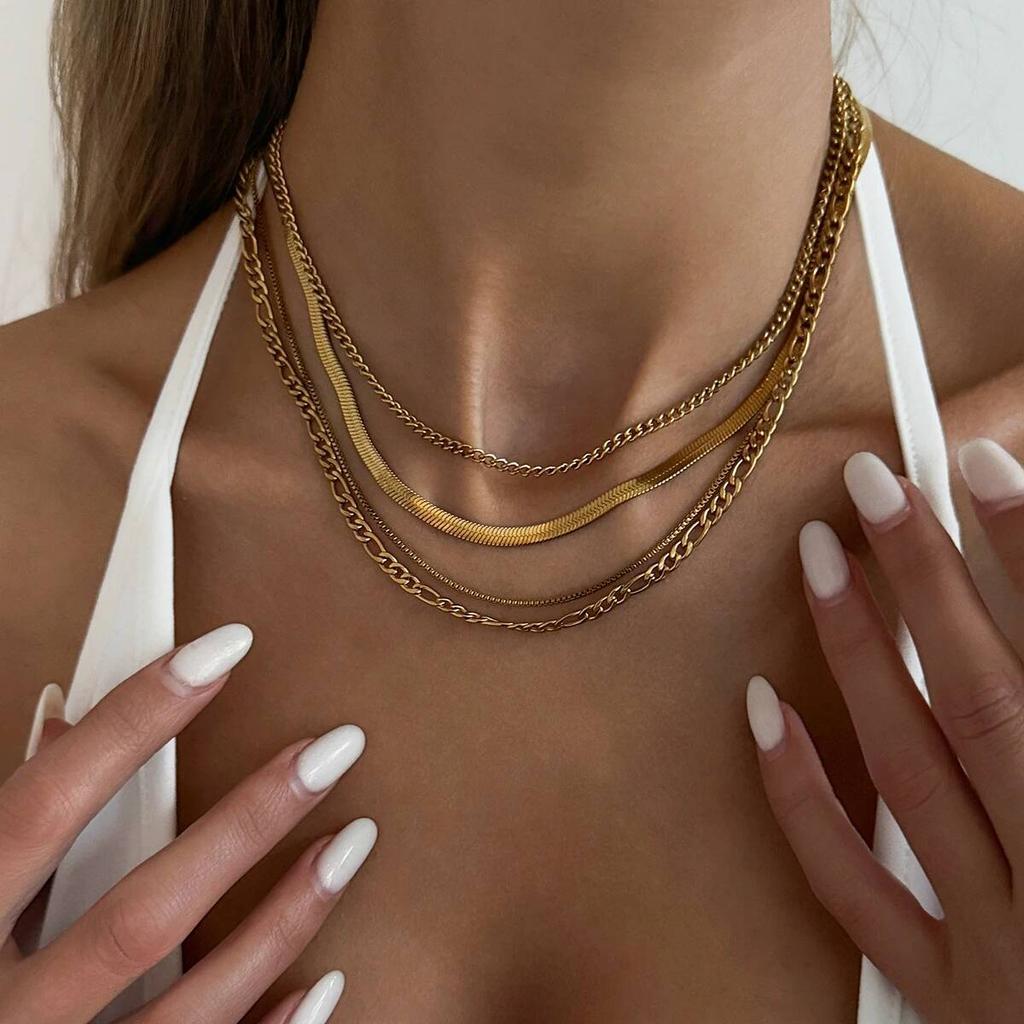 Ingemark 4Pcs/Set Vintage Gold Color Stainless Steel Cuban Link Snake Chain Necklaces Women Waterproof Adjustable Choker Jewelry