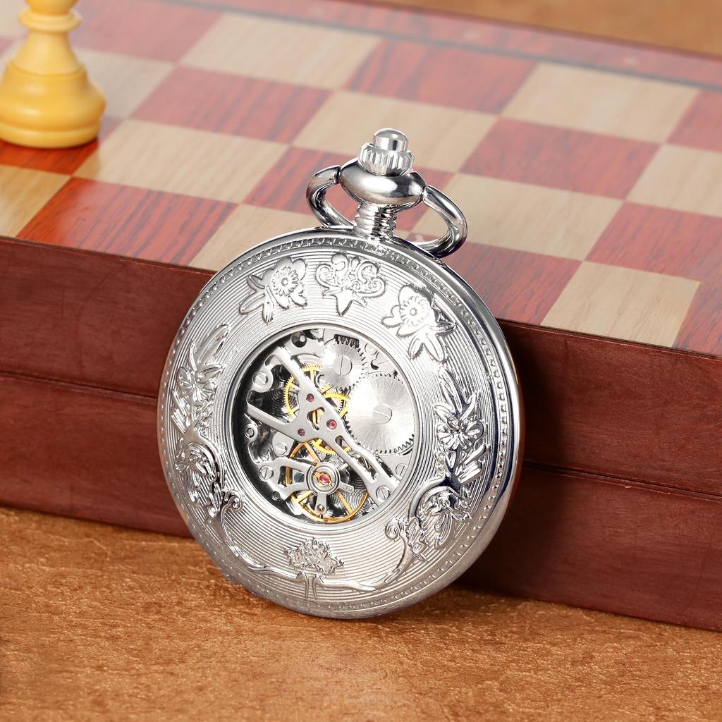 TREEWETO Mechanische Taschenuhr Antik Römisch mit Kette, Eisenbahn-Thema Skelett, Ziffern, Silber,