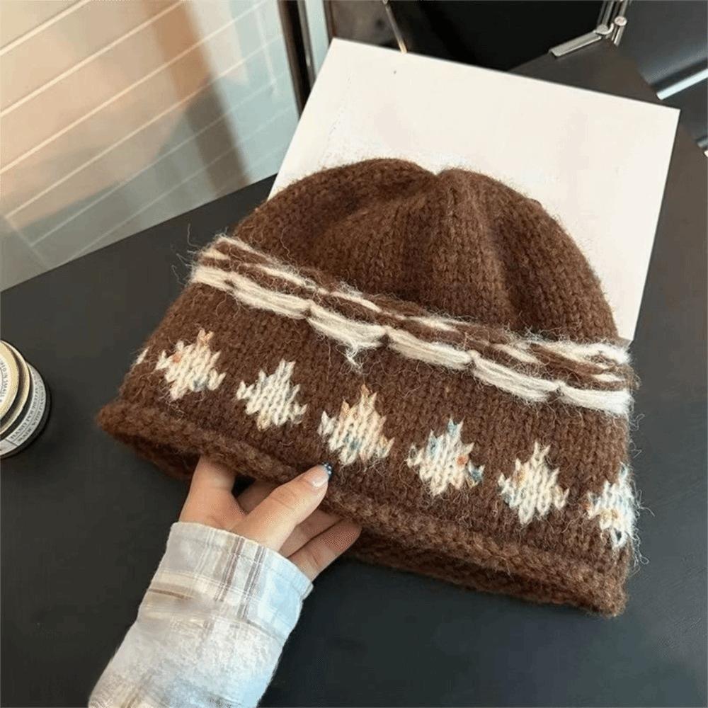 Knitted Retro Beanie Hat Warm Winter Cold Hat Vintage Style Jacquard Knitted Hat  Winter