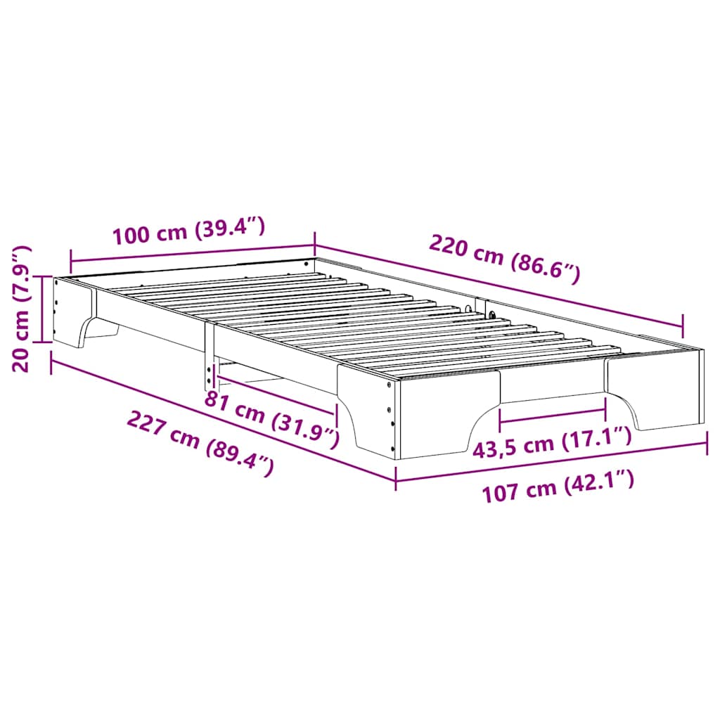 Bed Frame White 100 x 220 cm Solid Pine Wood