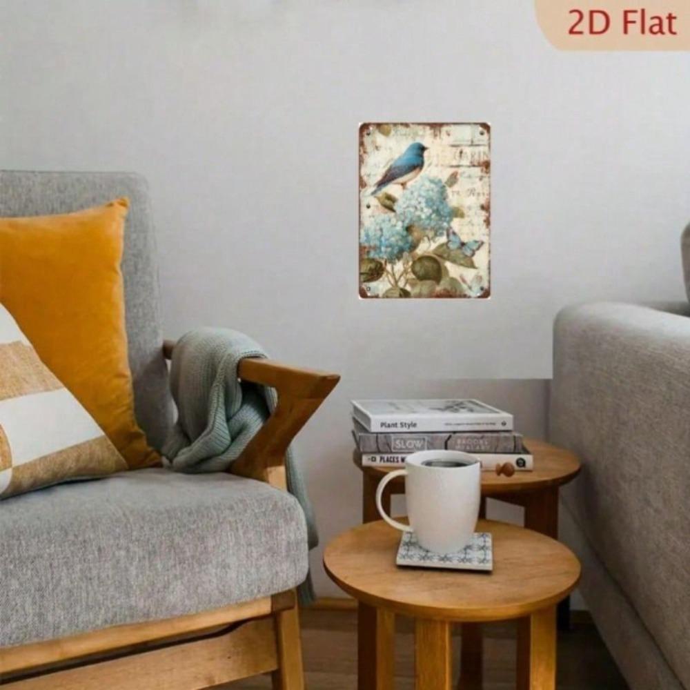 Metal Wall Art Hydrangea Bluebird Vintage Rustic Farmhouse 8x12 Inch Living Room Decor