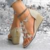 Women's Back Zipper Rhinestone Wedge Sandals Iris I-Shaped Beach Sandals