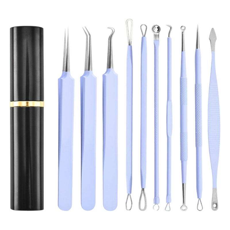 Portable 10Pcs Acne Treatments Kit Including Carbon Steel Needle and Ergonomic Comedone Extractor Tools