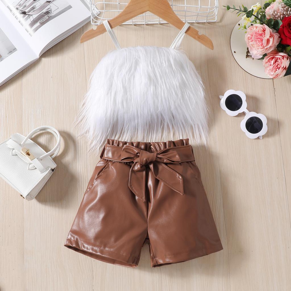 Girls Furry Suspender Top Solid Color + Leather Shorts Suit with Belt Children Clothing Feather Strap Crop Shirt 2pcs Sets