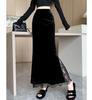 Women's Black Velvet High-Waist Fishtail Skirt - Thickened, Autumn/Winter, Medium Length with Slit Hip Wrap Design