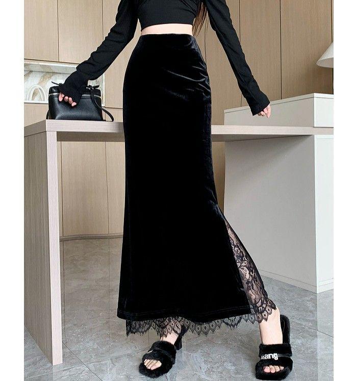 Women's Black Velvet High-Waist Fishtail Skirt - Thickened, Autumn/Winter, Medium Length with Slit Hip Wrap Design