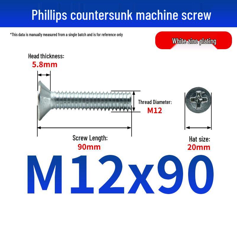 White Zinc Plated Cross Recessed Countersunk Head Screws & Bolts, Machine Thread, M3-M12