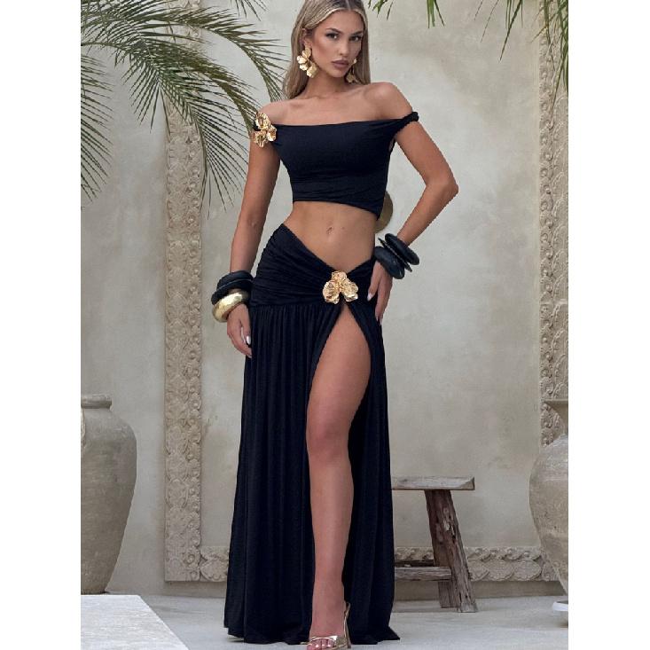 Articat Vest Top Skirt Set For Women Elegant Metal Tight Split Skirt Two-Piece Set Female Party Club Holiday Beachwear