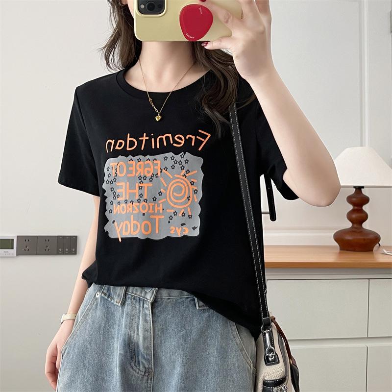 2026 Plus Size Women's Short Sleeve Letter Print Cotton T-shirt, Casual Round Neck Top