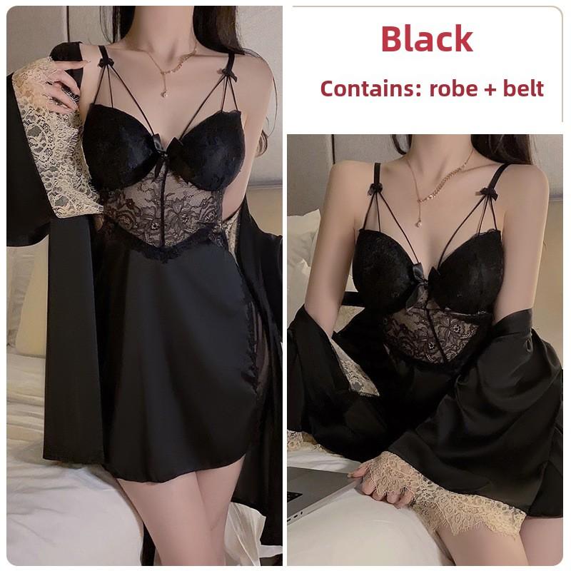 Velký Ocelový Kroužek Shromažďuje Sexy Domácí Oblečení Pohodlné Ledové Hedvábí Plus Podprsenka s Košíčky Šle Noční Košile Župan