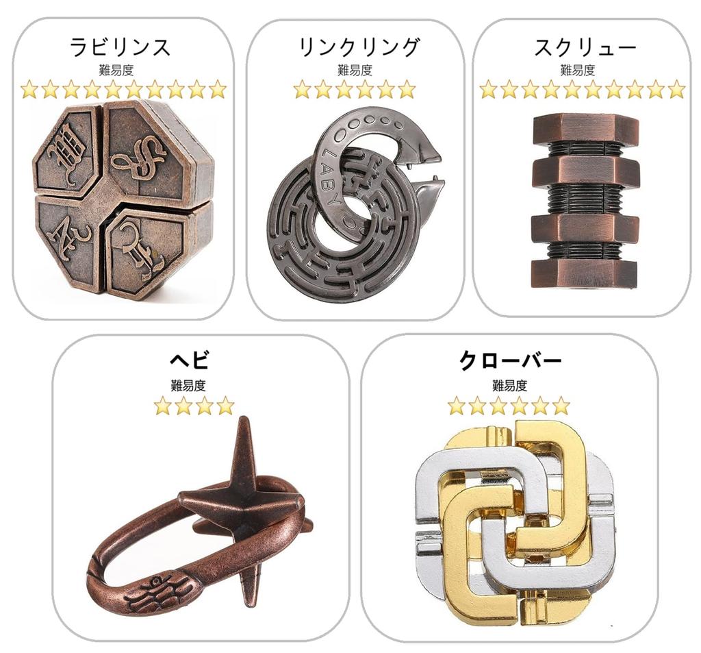 DIFEIUKI Brain Teaser Rings, 5-Piece Set, Difficulty Levels 4-10, 3D Puzzle, Metal Chinese Rings, for Adults and Kids, Puzzle Time Killer, Brain