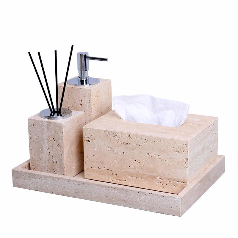 Badezimmerset aus gelbem Marmor im chinesischen Stil: Tablett, Aromatherapie-Ornament, Handseifenspender & Taschentuchbox.