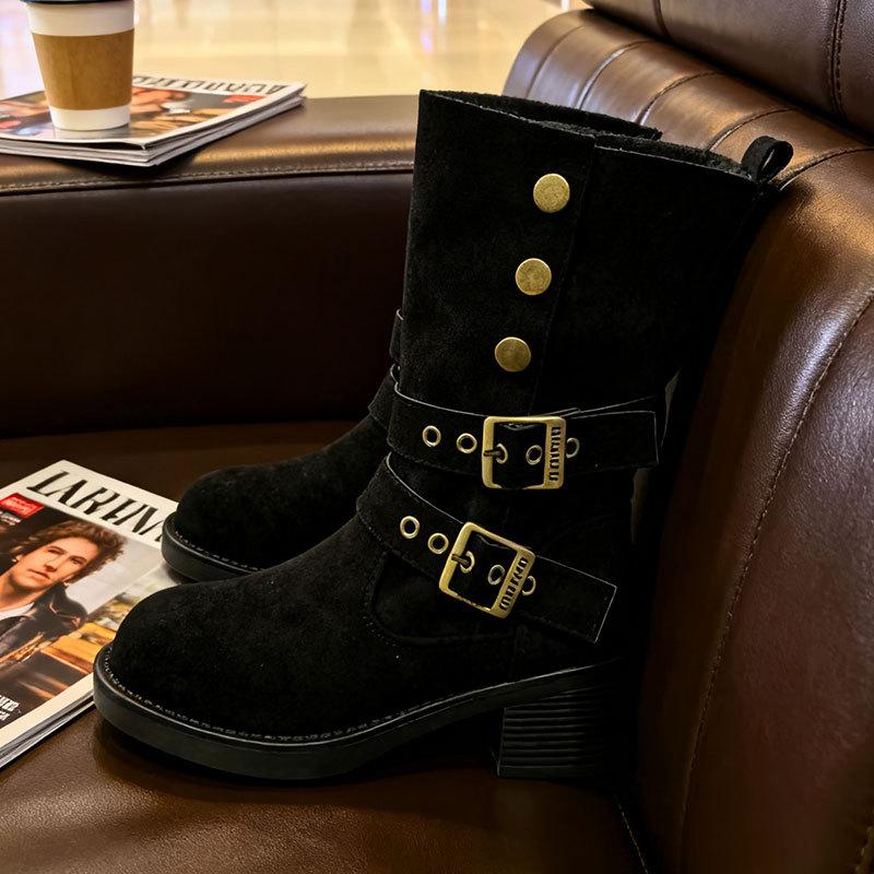 Fashion retro western pile boots women's autumn and winter new thick heel British style belt buckle short knight boots