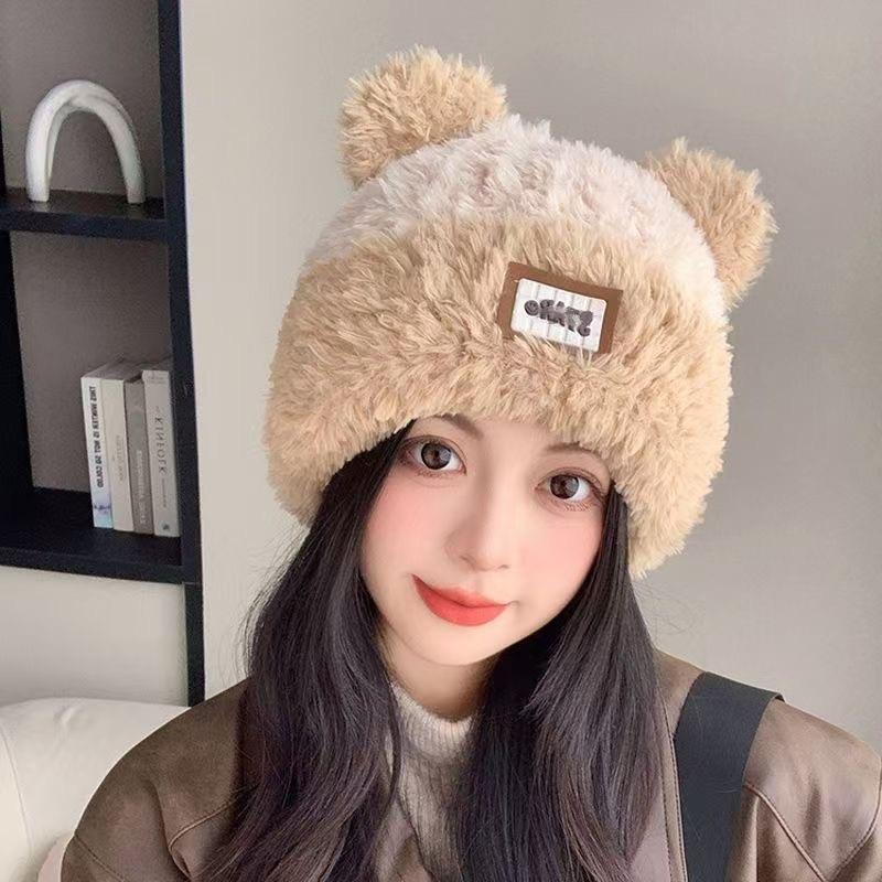 Plush Hat Female Winter Cute Bear Ears Striped Contrasting Color New Sweet Contrasting Color Knitted Wool Hat