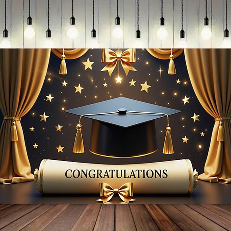 Golden Graduation Cap&Diploma Design Party Banner,for Celebrations,Home&Garden Events,Photo Studio Backdrop,Festivities,Graduation Party Decor