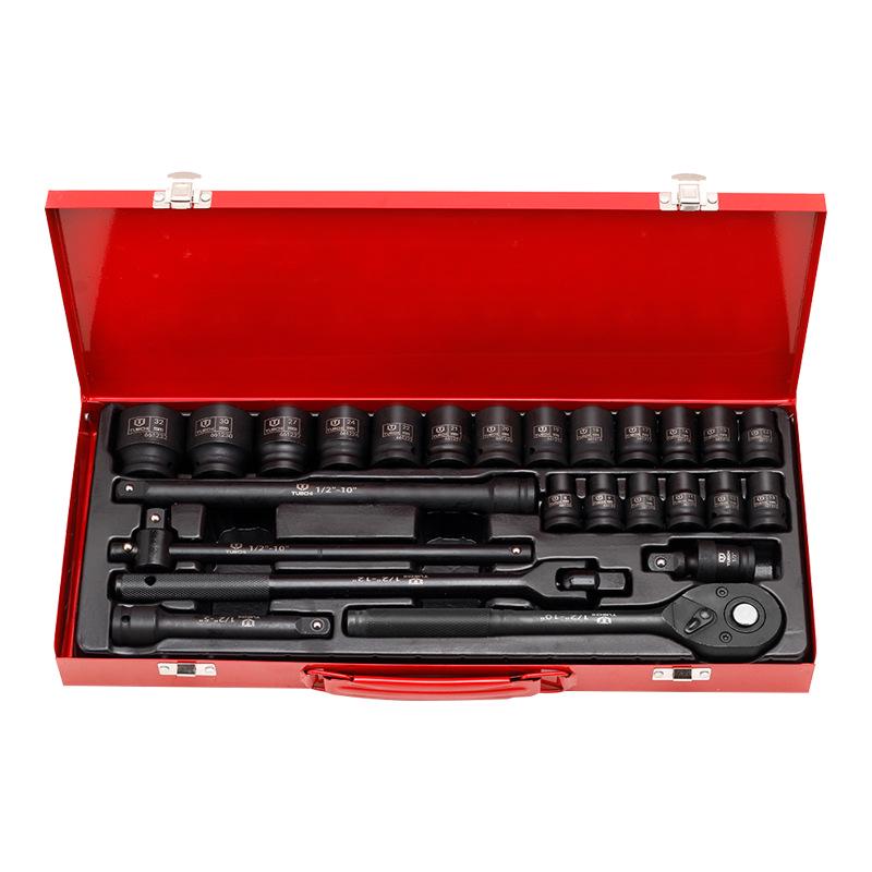 25-Piece Air Impact Wrench Set: Includes Small Hex Socket, Pneumatic Ratchet, F-Handle Wrench, Sliding Bar, and Long Extension Bar.