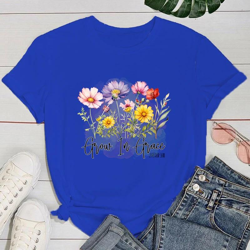 Funny Flowers Grow In Grace Letter Printing T-Shirts For Women Summer Tee Shirt Femme Casual Short Sleeve