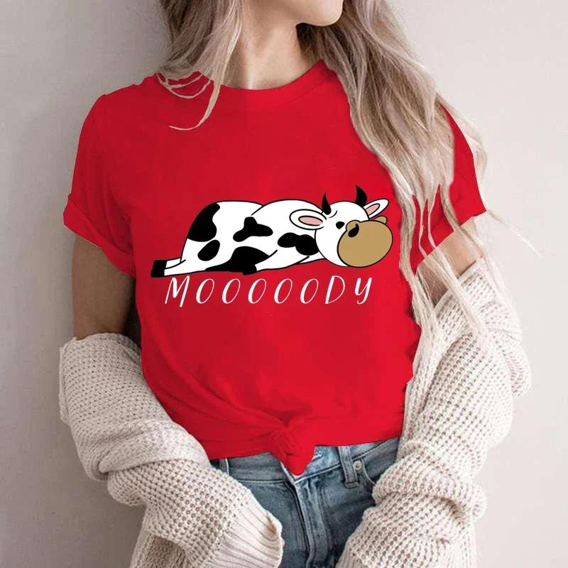 Moooody Cow Print Women Clothing Short Sleeve Aesthetic Clothes  Streetwear Lazy Cow Fashion T-shirts for Women