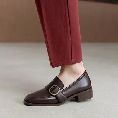 Scarpe da Donna Moda Vera Pelle Retro Fibbia Mocassini Slip-On Moda /Autunno Ballerine Punta Quadrata Tacco Grosso Fatte a Mano Taglia 34 -40