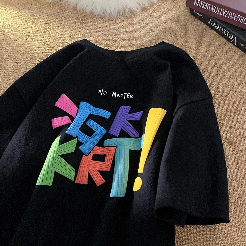 

Unisex Retro Letter Print Cotton Plus Size Loose T-Shirt - Summer Half Sleeve 2XL (131-155 jin) чорний