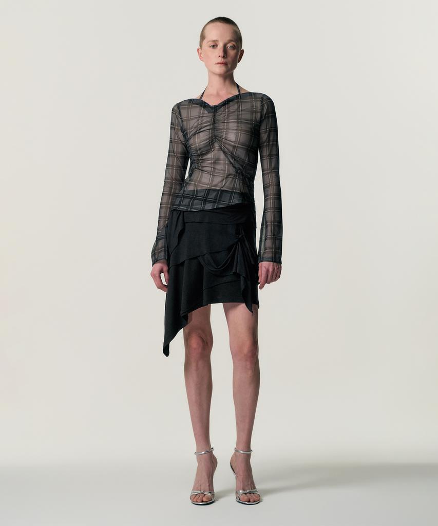 Kimjisu Sheer Plaid Shirring T-Shirt_Grey