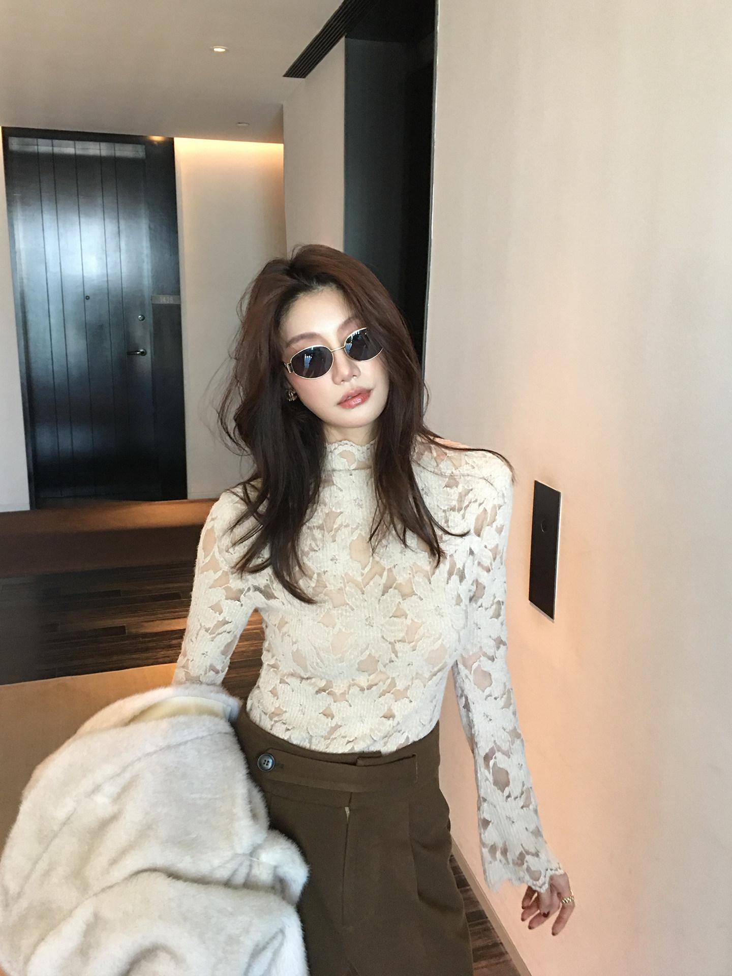 Women s Lace Half-High Neck Long Sleeve Top - Light Luxury Floral Pattern Layering Shirt L