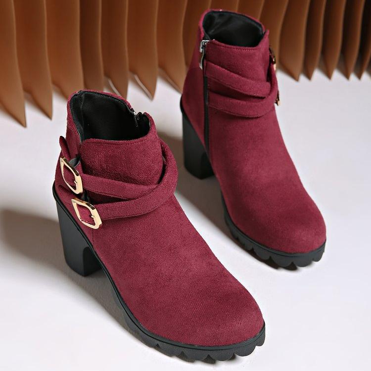 Fashion Women's Retro High Heel Ankle Boots Square Heel Woman Suede Leather Boots Female Round Toe Belt Buckle Platform Short Botines