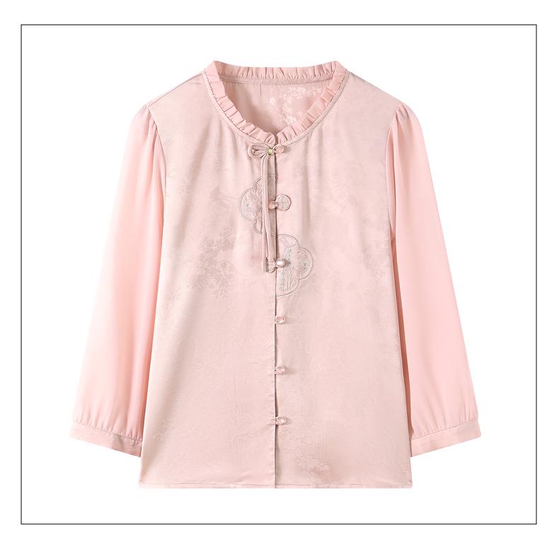Mom's Elegant Chinese-Style Satin Embroidered Lace Shirt with Three-Quarter Sleeves