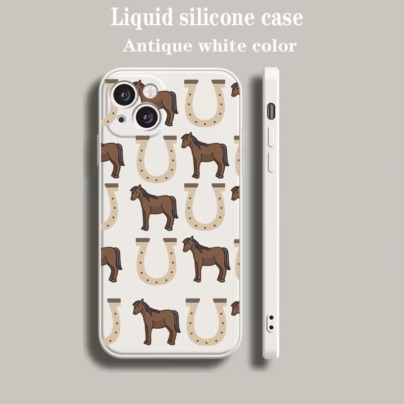 Luxury Color Phone Case For iPhone 15 16 14 13 12 mini 11 Pro Max XS X XR SE 7 8 Plus soft Silicone Beige Cover Animal Art Horse