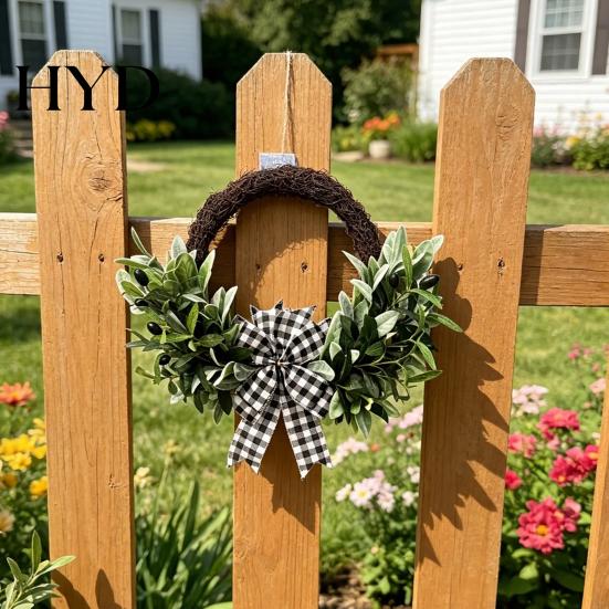 Hanging Door Wreath Artificial Lamb Ear Faux Greenery Leaves Rattan with Striped Year-round Decoration Bow Spring Farmhouse Decor for Front