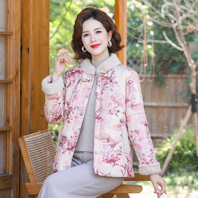 

Women s Floral Cotton-Padded Jacket: Warm, Velvet-Lined, Chinese-Style Winter Coat for Middle-Aged & Elderly 4XL (recommended for 140-155 jin) рожевий